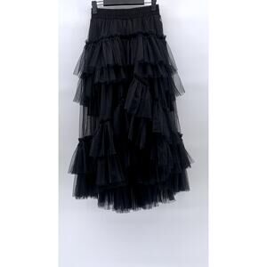 BEULAHSTYLE Women's Black Ruffle Mesh Tiered Midi Skirt SZ S
